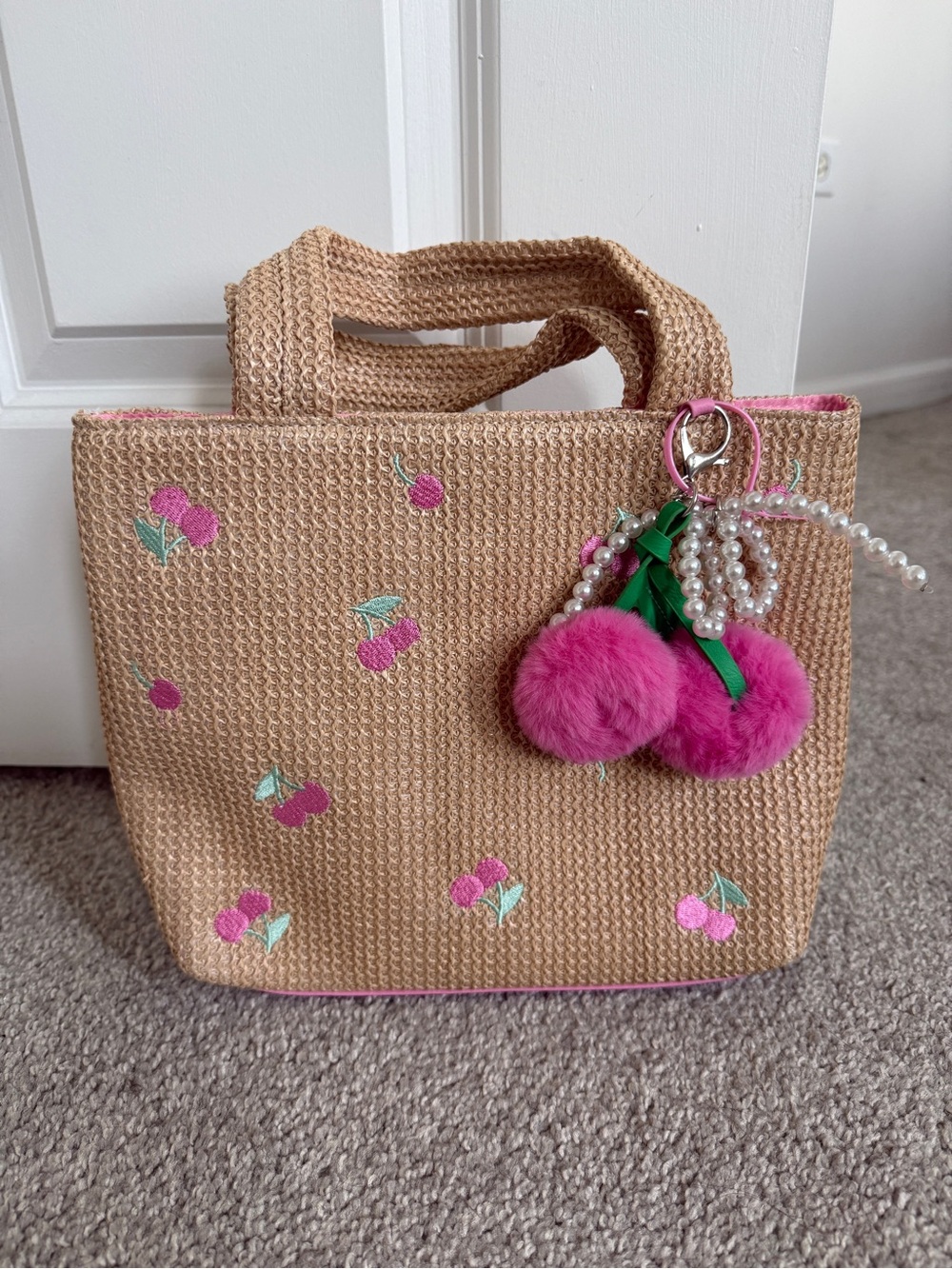 Straw Cherry Embroidered Tote with Pink Pom Keychain